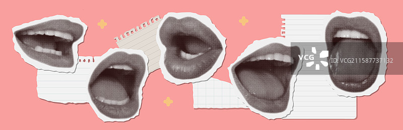 复古风格的半色调拼贴嘴巴和嘴唇集合图片素材