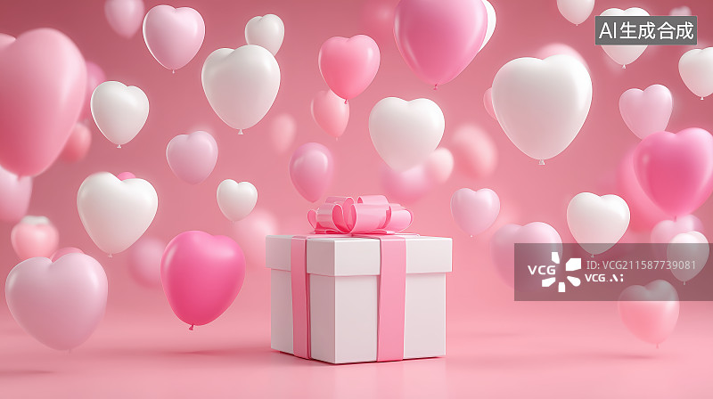 【AI数字艺术】粉色心形气球与礼物盒图片素材