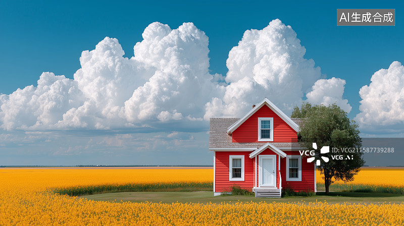 【AI数字艺术】红色小屋与蓝天白云图片素材