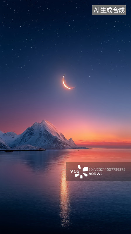 【AI数字艺术】雪山湖泊夜景星光璀璨图片素材