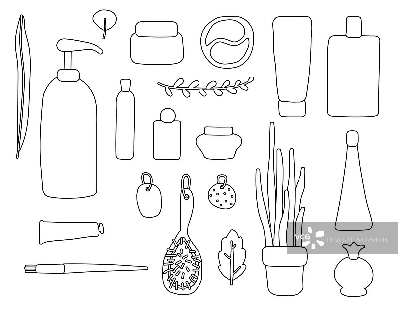 化妆品和植物的轮廓物品组合图片素材