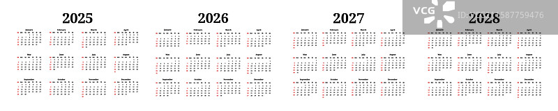 2025年、2026年、2027年和2028年的日历套装图片素材