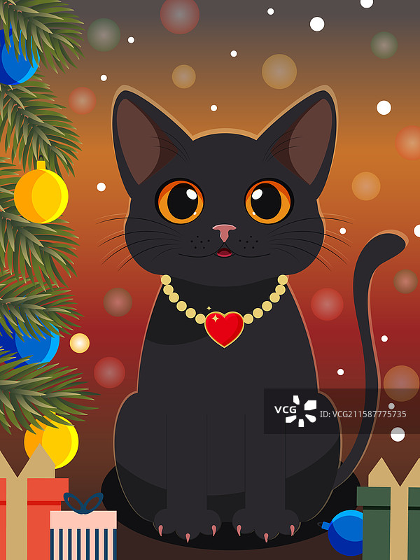 可爱的黑色卡通猫坐在新年装饰中图片素材