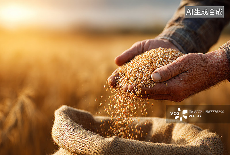 【AI数字艺术】农民手中金黄的小麦 grains 倒入粗麻布袋图片素材