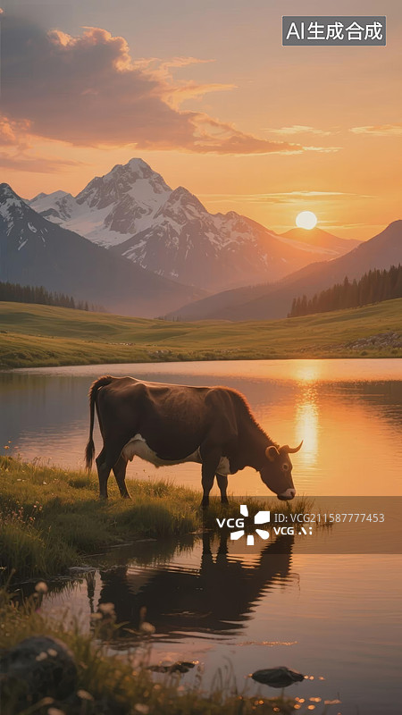【AI数字艺术】湖畔夕阳牛影图片素材