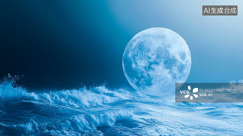 【AI数字艺术】月夜下的海浪蓝色梦幻月球图片素材