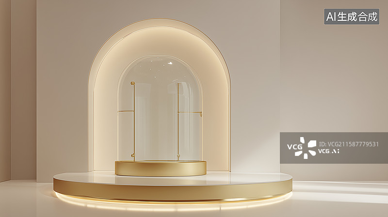 【AI数字艺术】拱形玻璃台金色奢华展台图片素材