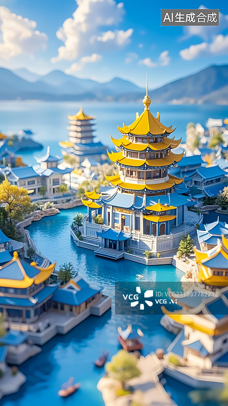 【AI数字艺术】水上别墅建筑插画图片素材