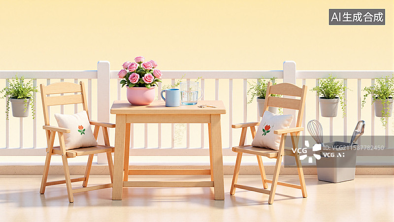 【AI数字艺术】3d阳台上的木质桌椅与花卉装饰图片素材