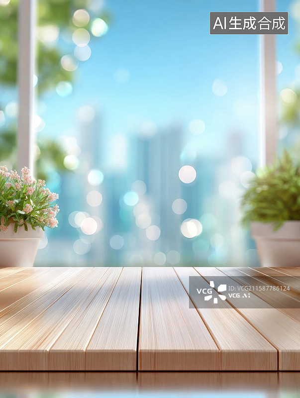 【AI数字艺术】城市景观的木质桌台图片素材