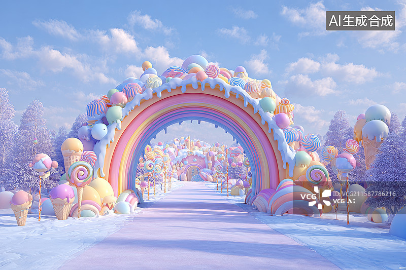 【AI数字艺术】梦幻糖果拱门与彩虹小径图片素材