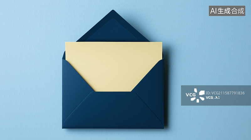 【AI数字艺术】蓝色背景上蓝色信封和黄色卡片，温馨和谐的贺卡概念图片素材