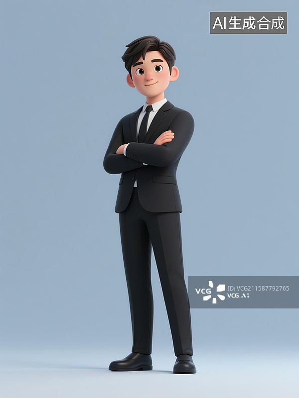 【AI数字艺术】穿黑色西装双臂交叉站立的卡通商务男性形象全身像图片素材