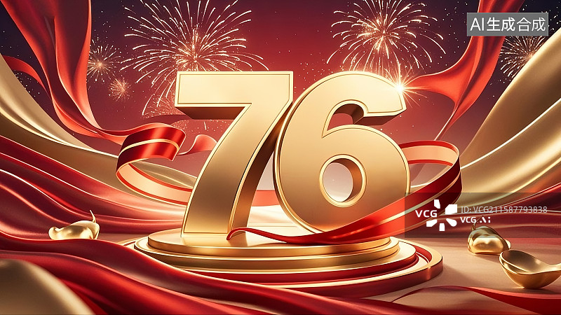【AI数字艺术】国庆节、庆祝中华人民共和国成立76周年（1949 - 2025）、金色“76”立体艺术字、红金绸缎（丝带）、烟花、星光图片素材