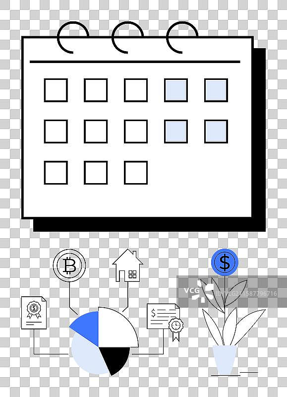 包含财务元素的日历，包括饼图图片素材