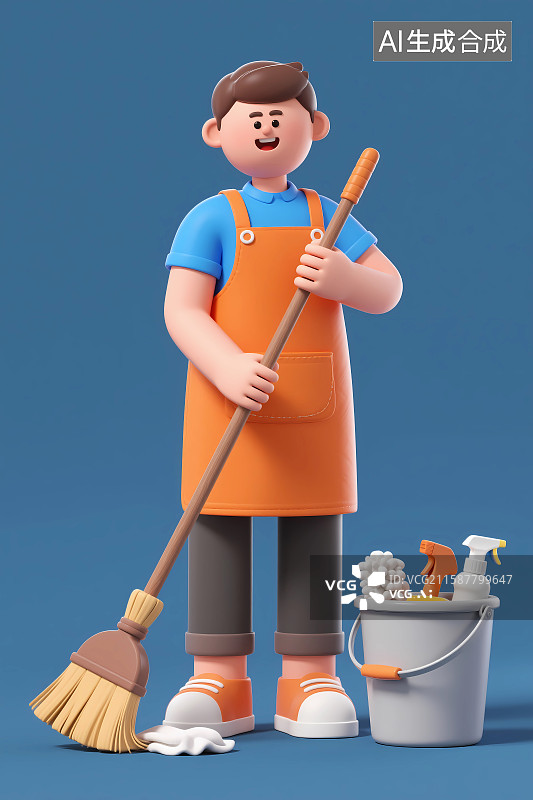 【AI数字艺术】拿着扫帚的男保洁员职业人物3D卡通插画图片素材