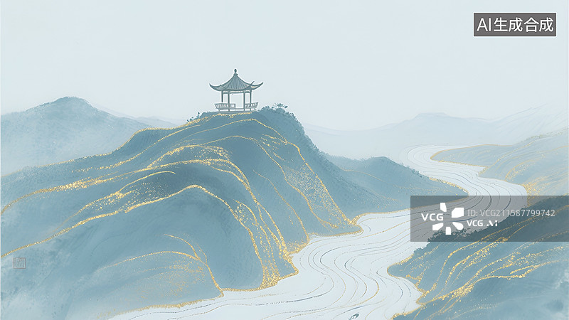 【AI数字艺术】中式山水间的亭阁插画图片素材