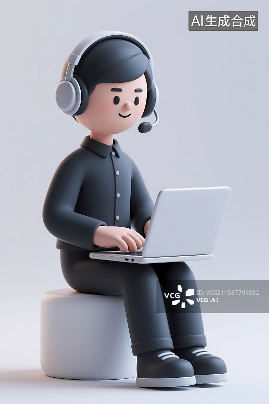 【AI数字艺术】在家办公的男职员3D卡通插画图片素材