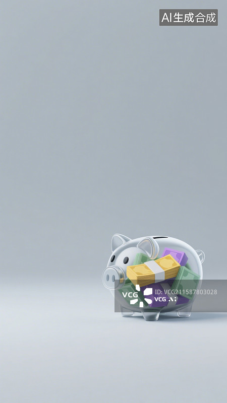 【AI数字艺术】3D三维透明猪存钱罐里的纸币图片素材