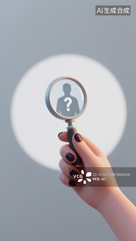 【AI数字艺术】3D手拿放大镜问号人类剪影查询侦探寻找犯罪嫌疑人刑侦概念图片素材