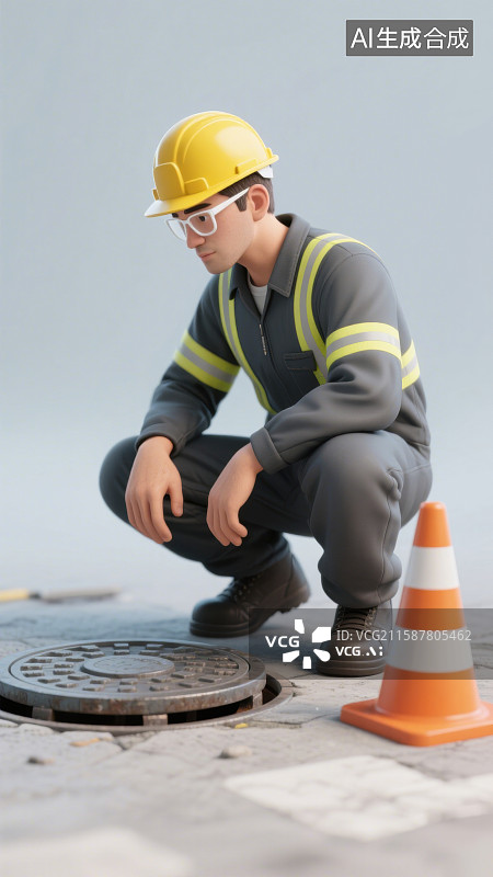 【AI数字艺术】3D三维维修工人打开的井盖路障维修下水道修复城市排水系统元素图片素材