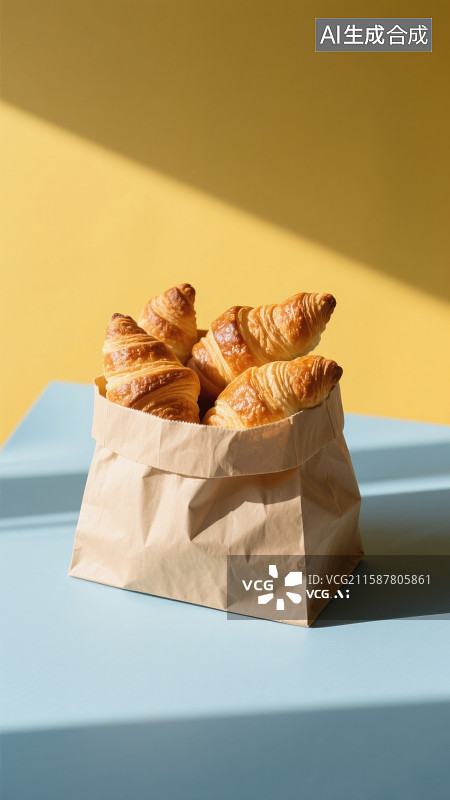 【AI数字艺术】纸袋里的可颂面包牛角面包图片素材