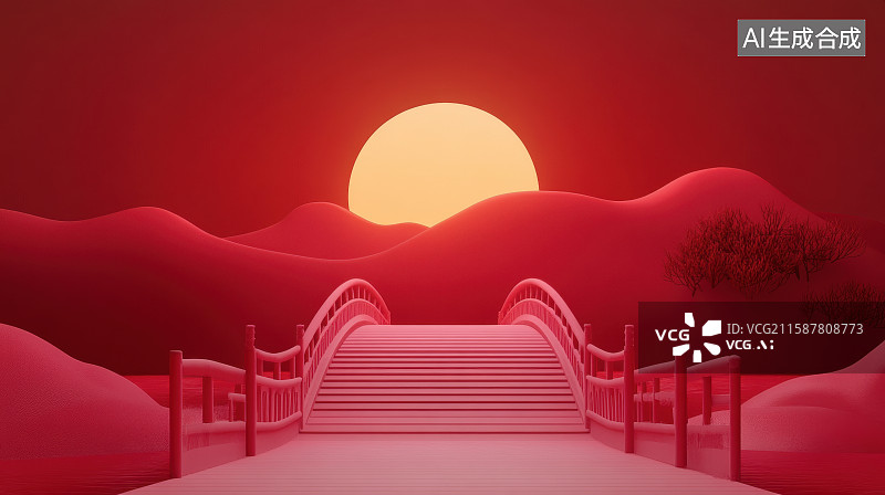 【AI数字艺术】3D三维国风场景山峦拱桥红色背景唯美插画图片素材