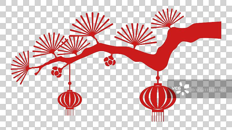 松树枝上挂着灯笼春节剪纸插画元素图片素材