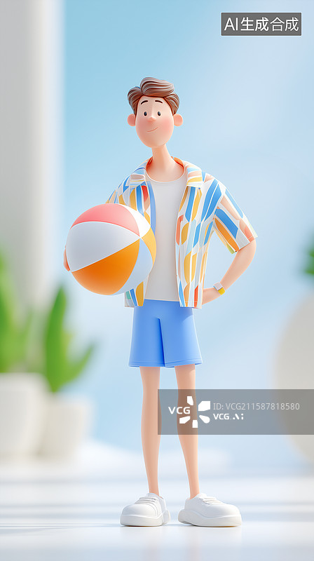 【AI数字艺术】3D卡通男性夏日度假休闲插画图片素材