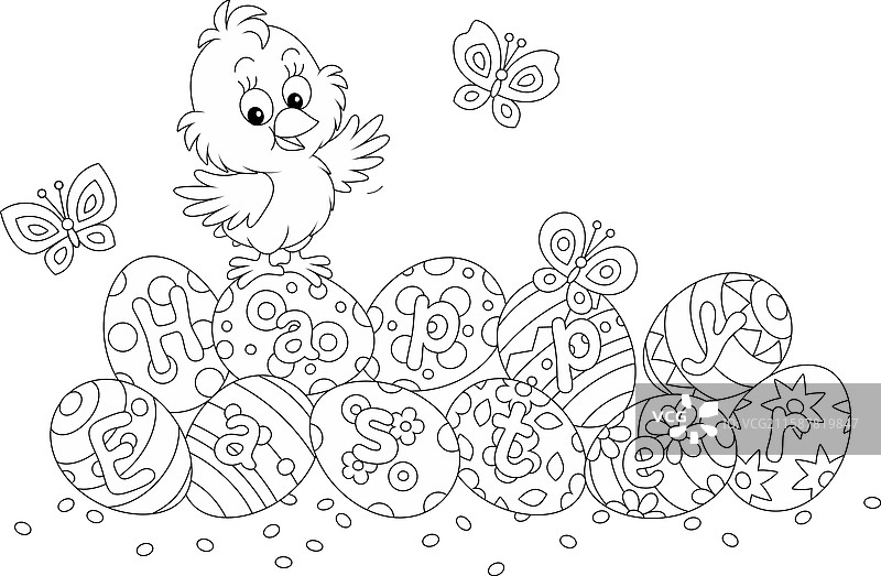复活节贺卡，上面有一只小鸡和涂色的彩蛋图片素材