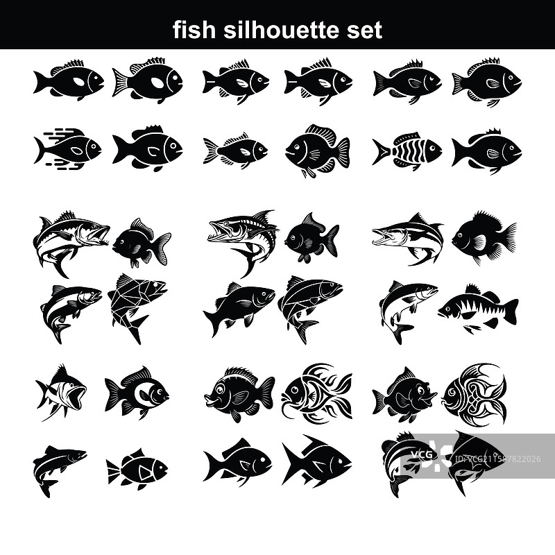 黑色鱼类动物轮廓集猜测形状图片素材