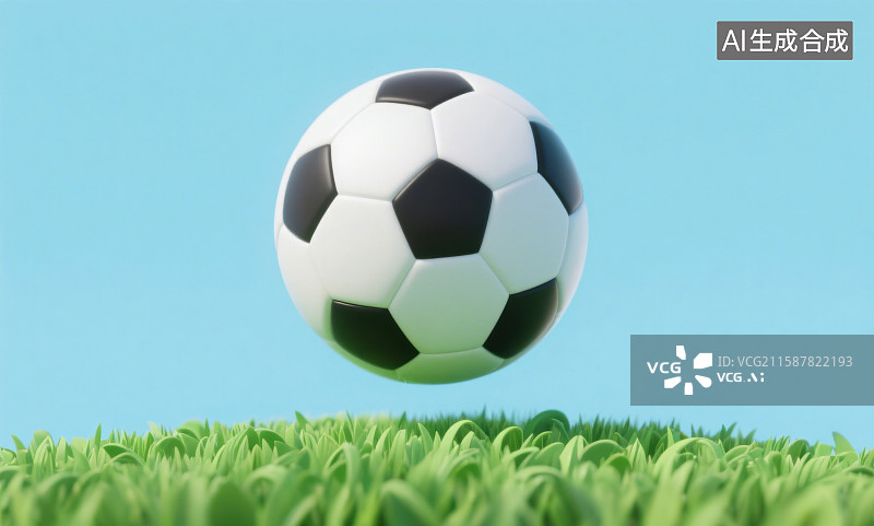 【AI数字艺术】3D足球漂浮在草地上图片素材