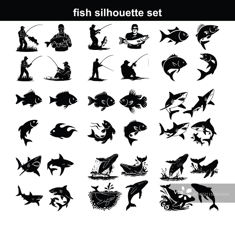 黑色鱼类动物轮廓集猜测形状图片素材