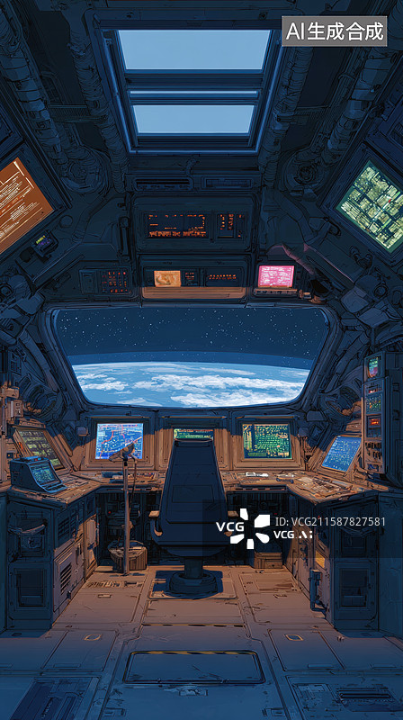 【AI数字艺术】太空飞船驾驶舱内部视角图片素材