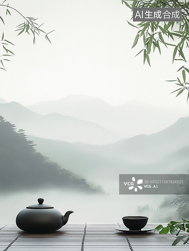 【AI数字艺术】禅意山水间的茶具茶文化图片素材
