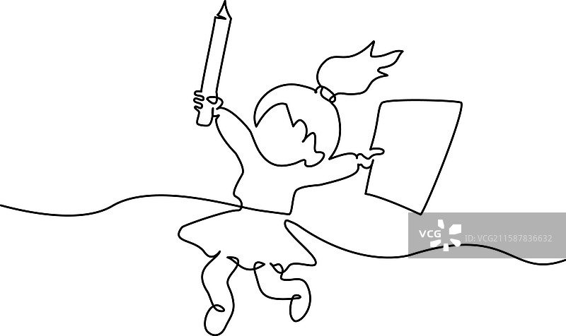 快乐的小女孩学生手持笔和纸跳跃图片素材