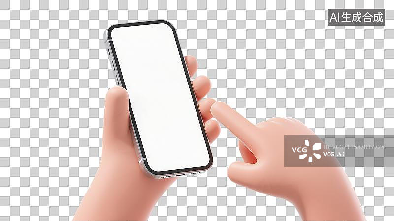 【AI数字艺术】3D渲染免抠图形元素手持白色屏幕智能手机另一只手伸出食指做点击动作图片素材