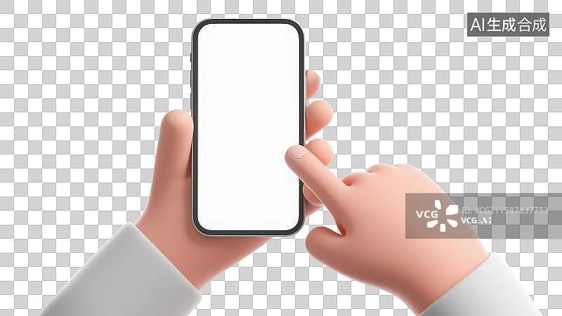【AI数字艺术】3D渲染免抠图形元素手持白色屏幕智能手机另一只手伸出食指做点击动作图片素材
