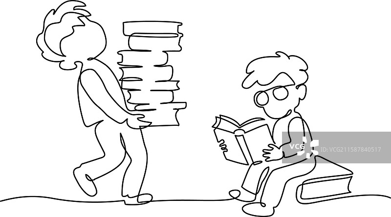 两个男孩坐着和站着，手里拿着书。图片素材