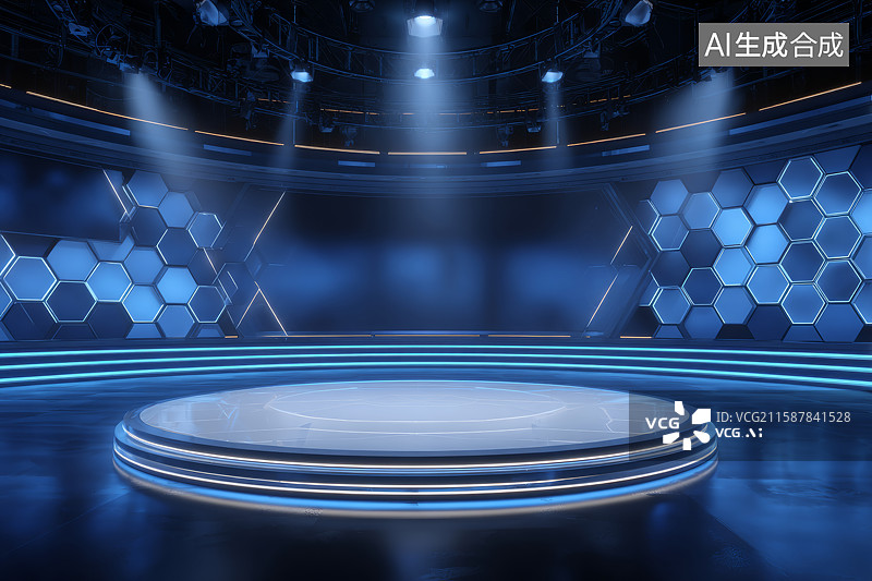 【AI数字艺术】现代蓝色六边形舞台与发光讲台图片素材