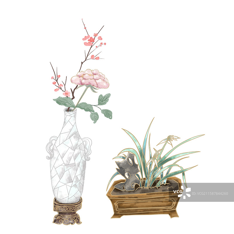 国风花瓶盆栽插画图片素材