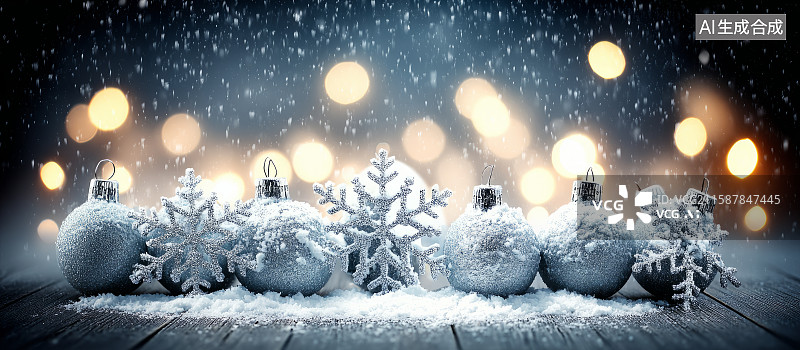 【AI数字艺术】冬日圣诞饰品与雪花光斑图片素材
