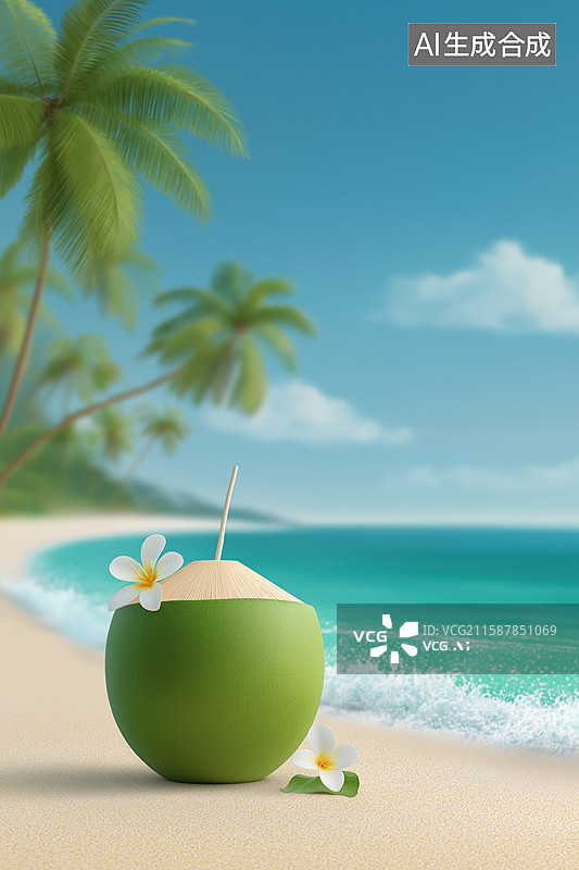【AI数字艺术】椰子饮品与热带海滩图片素材