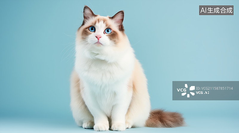 【AI数字艺术】蓝眼长毛猫端坐于浅蓝背景前图片素材