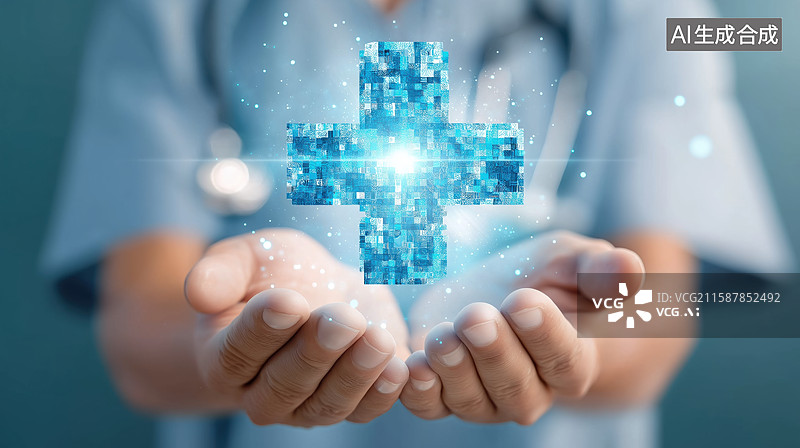 【AI数字艺术】医生双手捧着发光的蓝色十字图案图片素材