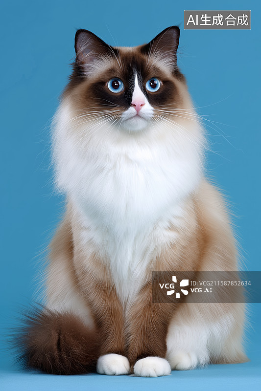 【AI数字艺术】蓝眼长毛猫端坐于浅蓝背景前图片素材