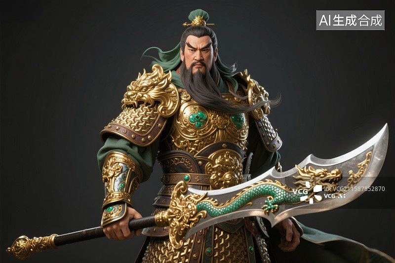 【AI数字艺术】三国历史人物，穿着铠甲，手拿青龙偃月刀的关羽图片素材