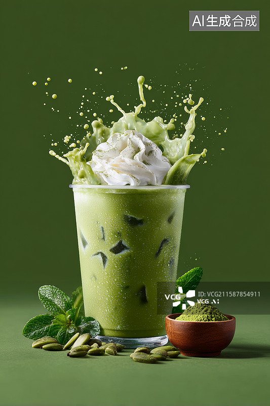 【AI数字艺术】抹茶冰饮飞溅图片素材