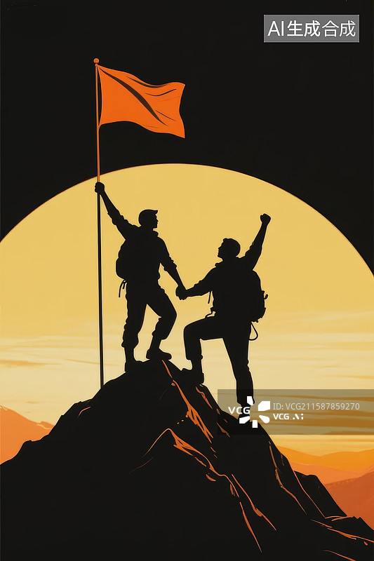 【AI数字艺术】山顶成功旗帜图片素材