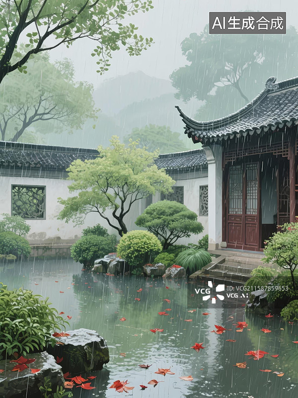 【AI数字艺术】江南园林雨景图片素材